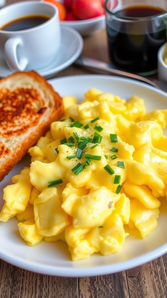 Fluffy scrambled eggs on a plate with toast and herbs, accompanied by coffee and fresh fruit.